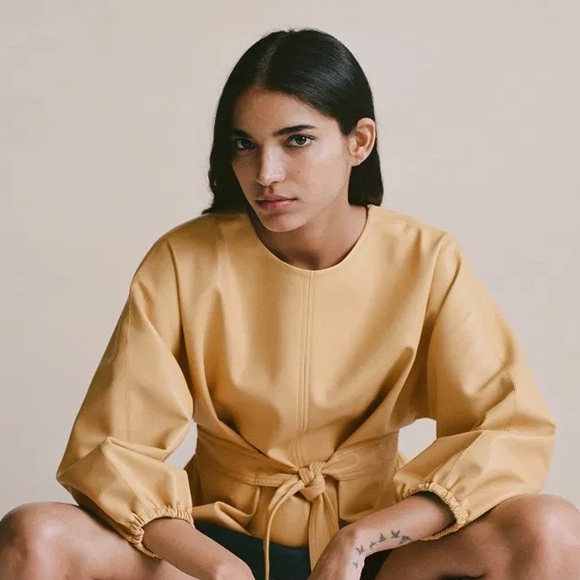 Mango Faux Leather Belted Shirt Jacket Camel Beige Size S - Picture 4 of 11